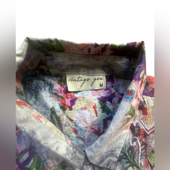 Vintage Goa Floral Multicolor Button Up Blouse Medium Cotton Lightweight - Picture 3 of 6